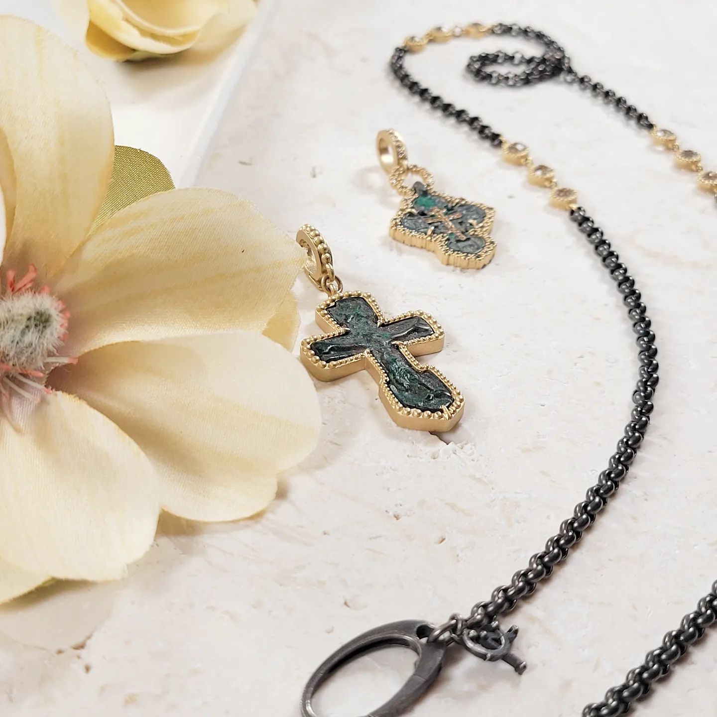 Image of Antique crosses and a rose cut topaz chain